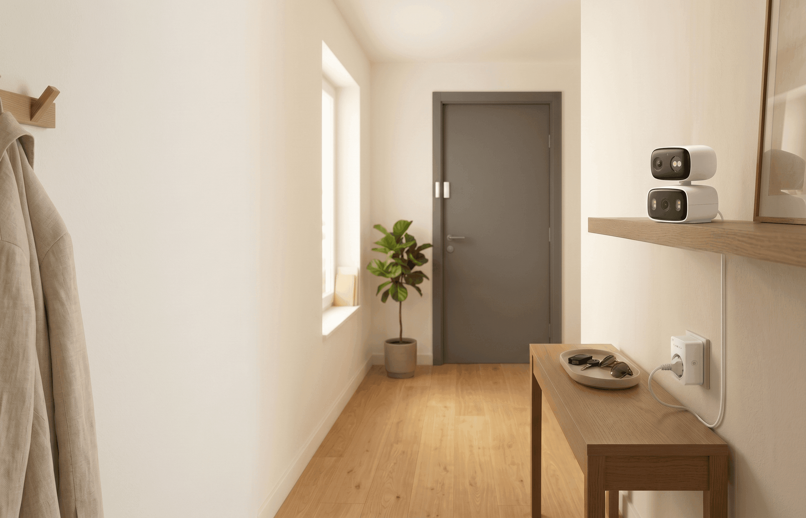 Cameră Tapo și priză smart montate pe perete într-un living luminos